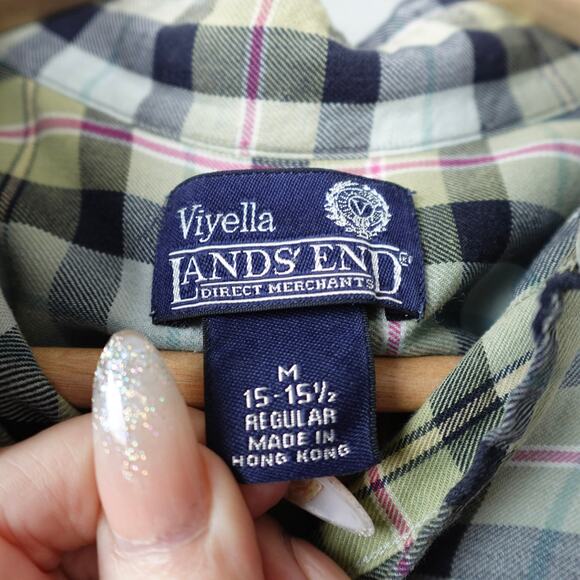 Vintage 90s Lands End Viyella Flannel Button Down Shirt Size M Sage Green Plaid - Picture 2 of 16